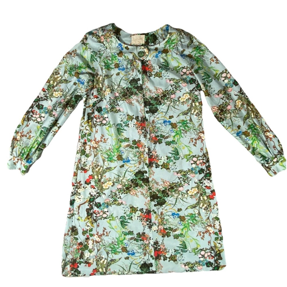 Vintage June Longe Custom Made Mini Dress Womens L Blue Floral Botanical Garden